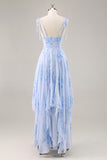 Blue Floral A Line Chiffon Long Bridesmaid Dress with Ruffles