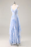 Blue Floral A Line Chiffon Long Bridesmaid Dress with Ruffles