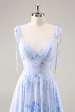 Blue Floral A Line Chiffon Long Bridesmaid Dress with Ruffles