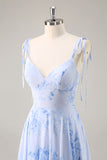 Blue Floral A Line Chiffon Long Bridesmaid Dress with Ruffles