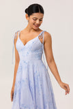 Blue Floral A Line Chiffon Long Bridesmaid Dress with Ruffles