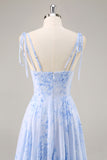 Blue Floral A Line Chiffon Long Bridesmaid Dress with Ruffles