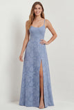 Dusty Blue A Line Long Spaghetti Straps Bridesmaid Dress with Slit