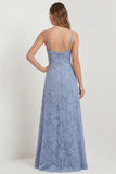 Dusty Blue A Line Long Spaghetti Straps Bridesmaid Dress with Slit