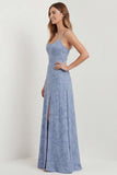 Dusty Blue A Line Long Spaghetti Straps Bridesmaid Dress with Slit