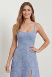 Dusty Blue A Line Long Spaghetti Straps Bridesmaid Dress with Slit