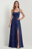 Dusty Blue A Line Long Spaghetti Straps Bridesmaid Dress with Slit