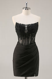 Black Strapless Corset Beaded Tight Short Homecoming Dress