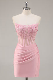 Pink Strapless Corset Beaded Short Tight Homecoming Dress
