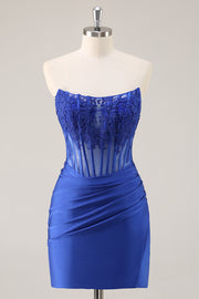 Royal Blue Bodycon Strapless Corset Beaded Short Homecoming Dress