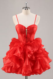 Red A Line Corset Keyhole Ruffled Short Homecoming Dress With Bows