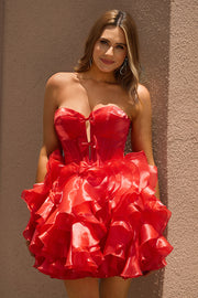 A Line Strapless Corset Ruffle Red Homecoming Dress with Bows