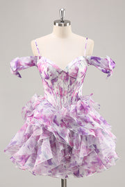 Purple Cold Shoulder A Line Printed Corset Short Homecoming Dress With Ruffles