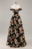 Sparkly Black Floral Ruched Long Bridesmaid Dress with Beading