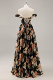 Sparkly Black Floral Ruched Long Bridesmaid Dress with Beading