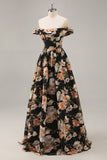 Sparkly Black Floral Ruched Long Bridesmaid Dress with Beading