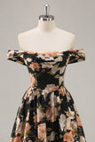 Sparkly Black Floral Ruched Long Bridesmaid Dress with Beading