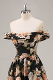 Sparkly Black Floral Ruched Long Bridesmaid Dress with Beading