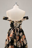 Sparkly Black Floral Ruched Long Bridesmaid Dress with Beading