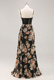 Sparkly Black Floral Corset Long Bridesmaid Dress with Beading
