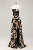 Sparkly Black Floral Corset Long Bridesmaid Dress with Beading