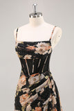 Sparkly Black Floral Corset Long Bridesmaid Dress with Beading