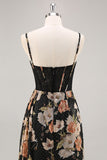 Sparkly Black Floral Corset Long Bridesmaid Dress with Beading