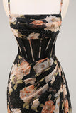 Sparkly Black Floral Corset Long Bridesmaid Dress with Beading