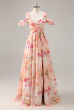 Pink Floral Ruched Long Bridesmaid Dress with Slit