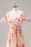 Pink Floral Ruched Long Bridesmaid Dress with Slit