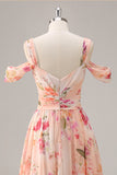 Pink Floral Ruched Long Bridesmaid Dress with Slit