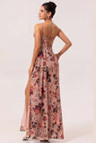 Dusty Rose Ruched Floral Corset Long Bridesmaid Dress with Slit
