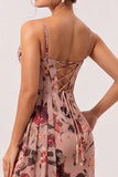 Dusty Rose Ruched Floral Corset Long Bridesmaid Dress with Slit