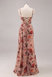Dusty Rose Ruched Floral Corset Long Bridesmaid Dress with Slit