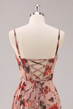 Dusty Rose Ruched Floral Corset Long Bridesmaid Dress with Slit