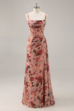 Dusty Rose Ruched Floral Corset Long Bridesmaid Dress with Slit