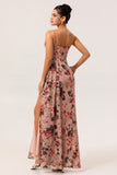 Dusty Rose Ruched Floral Corset Long Bridesmaid Dress with Slit