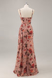 Dusty Rose Sheath Ruched Floral Corset Long Bridesmaid Dress with Side Streamer