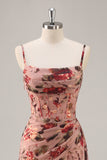 Dusty Rose Ruched Floral Corset Long Bridesmaid Dress with Slit