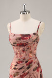 Dusty Rose Ruched Floral Corset Long Bridesmaid Dress with Slit