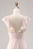 Candy Pink Cap Sleeves Ruched Long Bridesmaid Dress with Slit