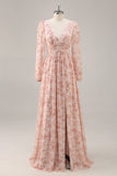 Pink Floral V-Neck Long Sleeves Chiffon Bridesmaid Dress with Slit