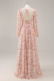 Pink Floral V-Neck Long Sleeves Chiffon Bridesmaid Dress with Slit