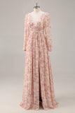 Pink Floral V-Neck Long Sleeves Chiffon Bridesmaid Dress with Slit