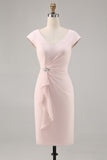 Candy Pink Bodycon V Neck Midi Mother of Bride Dress with Ruffles