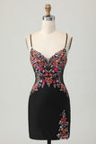 Sparkly Black Bodycon Floral Spaghetti Straps Mini Homecoming Dress