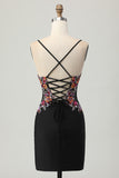 Sparkly Black Bodycon Floral Spaghetti Straps Mini Homecoming Dress