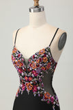 Black Bodycon Flower Spaghetti Straps Mini Homecoming Dress