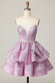 Light Purple A Line Strapless Lace Up Back Tiered Homecoming Dress with Bow
