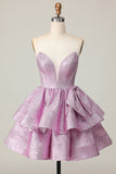 Light Purple A Line Strapless Lace Up Back Tiered Homecoming Dress with Bow